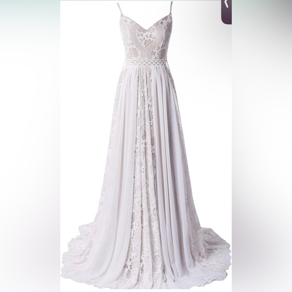 Bohemian Wedding Dress Spaghetti Strap w/ Adjustable Drawstring Lace Bridal Gown - Picture 5 of 7